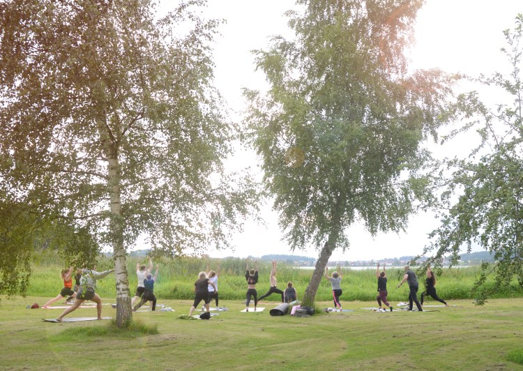 Global yoga i grupp vid vackra Frösjön